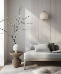 Aesthetic elegant minimalist japandi interior design. Clear mock up empty wall for decoration. Copy space. Neutral palette of natural colors.