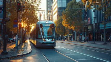 Obraz premium A tram system connecting key areas of a city, reducing traffic congestion and emissions
