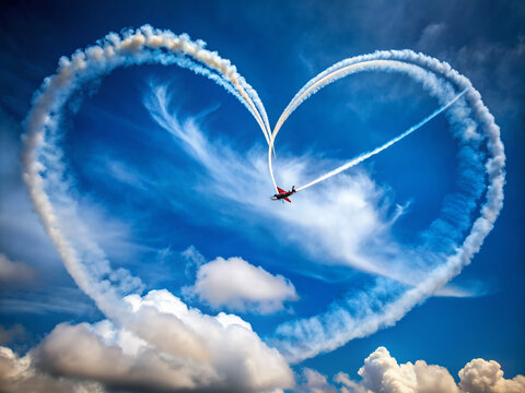 Aerial stunt plane performs a daring heart-shaped loop, trailing a wispy cloud of smoke against a brilliant blue sky with puffy white clouds.