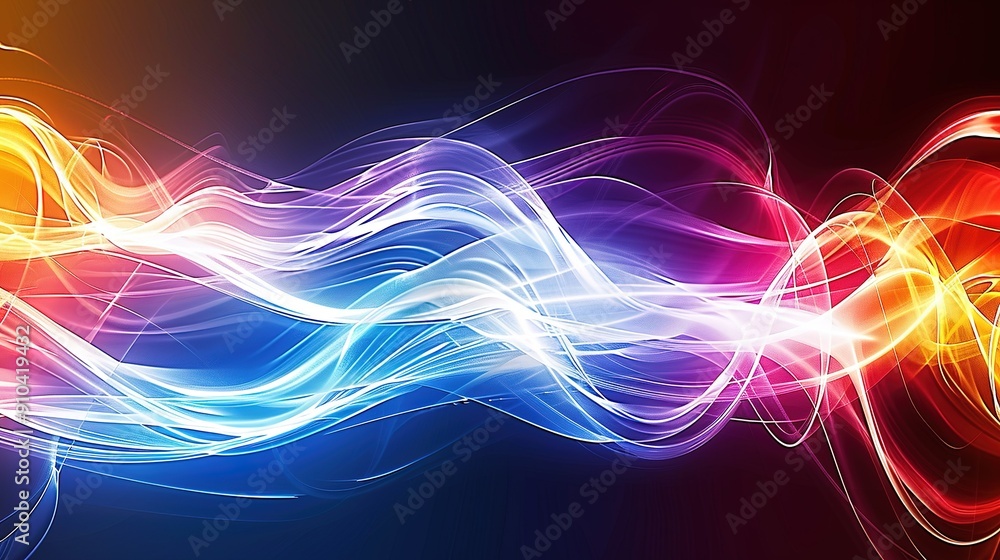 Poster Colorful Light Waves Dancing Across a Dark Background in a Creative Display of Motion