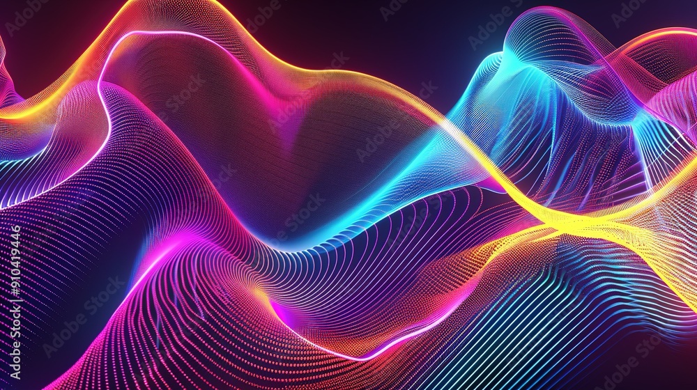 Poster colorful neon waves flowing through the space creating light patterns at night