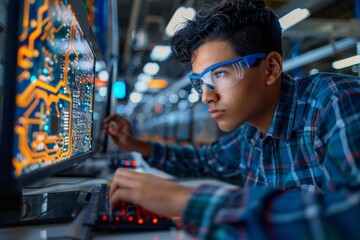 Obraz premium Portrait of a Hispanic Industrial Engineer Creating 3D Circuit Board Model in Factory Technology Center