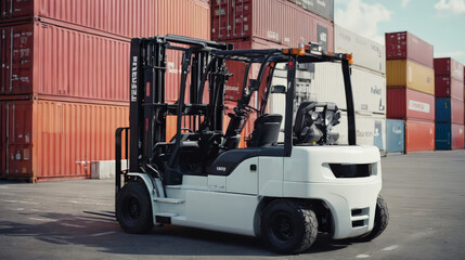 White Forklift Parked in Front of Large Container