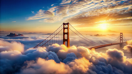 Obraz premium Majestic white clouds surround a shimmering golden gate with intricate details, suspended above fluffy white clouds, evoking a sense of sacred wonder and spiritual ascension.