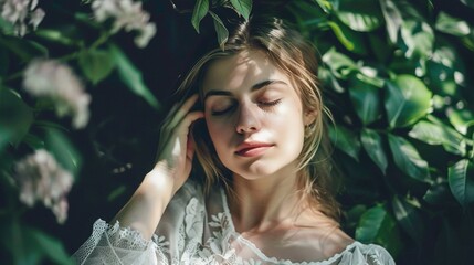 Fototapeta premium Young Woman Enjoying Nature Surrounded by Lush Green Foliage in Soft Light