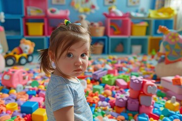 A mischievous white toddler causing chaos and making a mess in a children's room, playing and tearing up paper under bright studio lights.