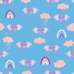 Seamless pattern with cute elephant animal faces. Illustration in boho style, dream catcher, cactus, palm trees, tropics