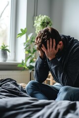 Man sitting in bed with his head in his hands. Concept of depression and mental health