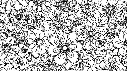 Obraz premium Intricate Floral Pattern Featuring Various Flowers in Black and White Design for Relaxation and Creativity
