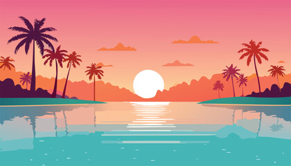 Fototapeta premium Tropical Beach Sunset Illustration with Swaying Palm Trees, Calm Ocean Waters, and a Vibrant Colorful Sky
