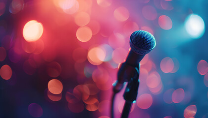 Motivational speaker with microphone performing on stage, closeup