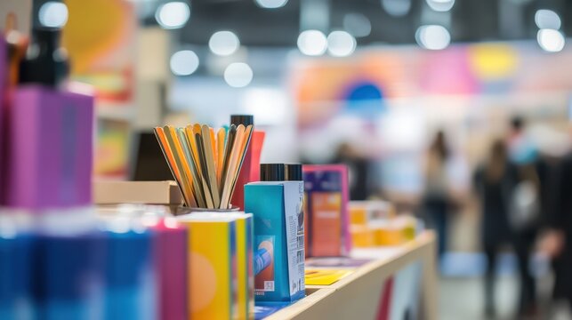 Close up of promotional materials and giveaways at a tradeshow booth