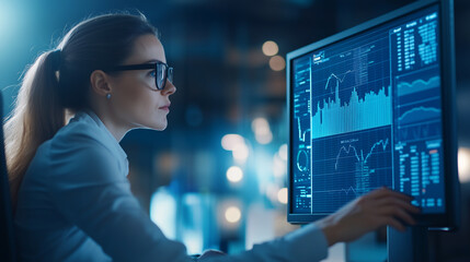 A professional woman wearing glasses intently analyzing data on a computer screen in a dimly lit office., Focused Data Analyst
