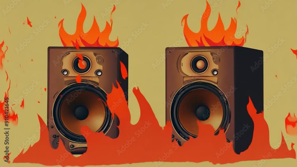 Poster two vintage speakers engulfed in vibrant flames, set against a simple beige background, creating an 