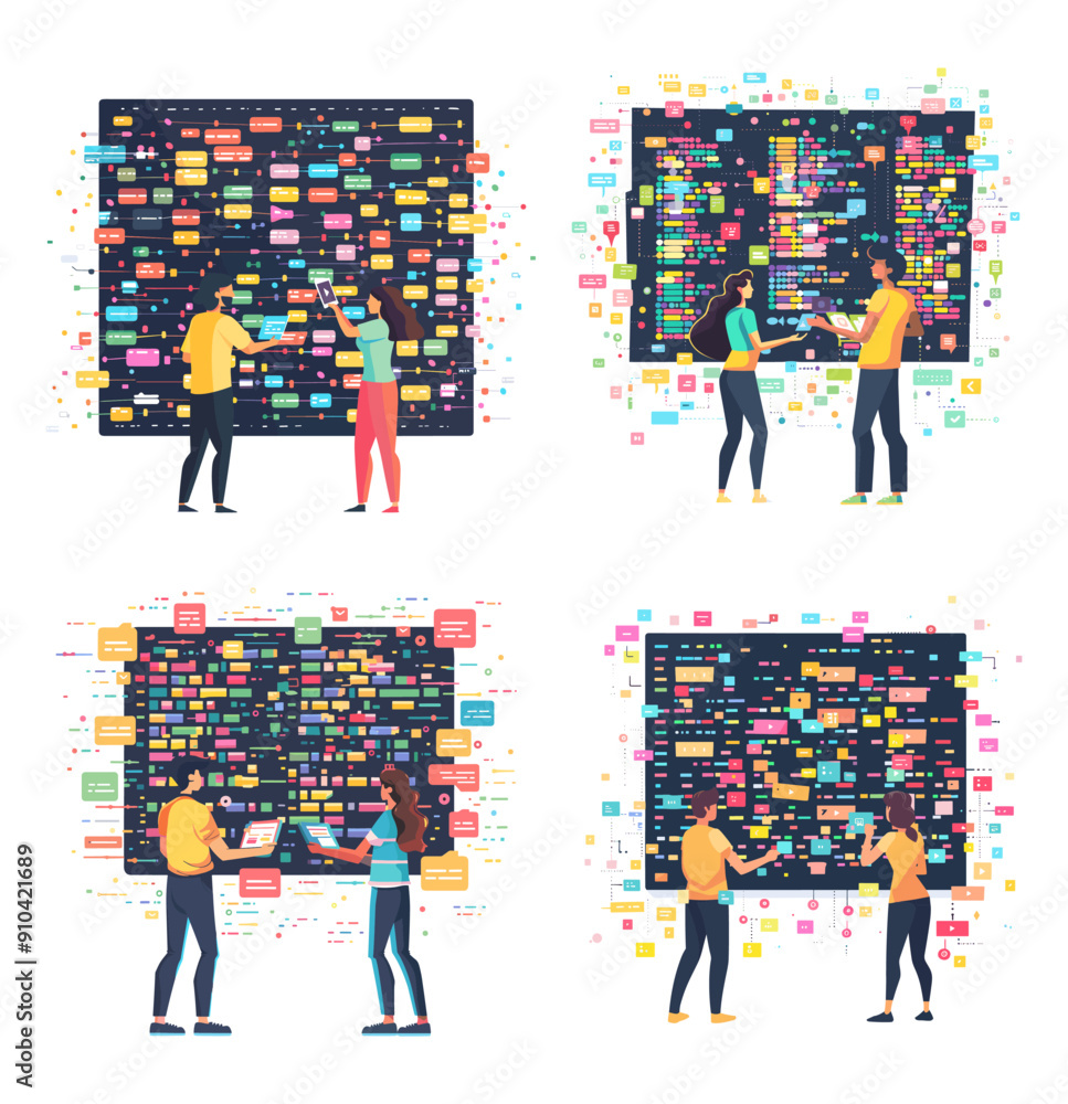 Aufkleber team collaboration data cartoon vector concepts. man woman code graphs charts bars visualization pro