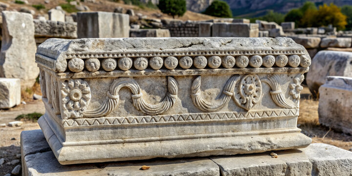 Ancient Greek imperial law inscription carved on a weathered marble block in monochrome, evoking a sense of history and antiquity from Miletus, Turkey.