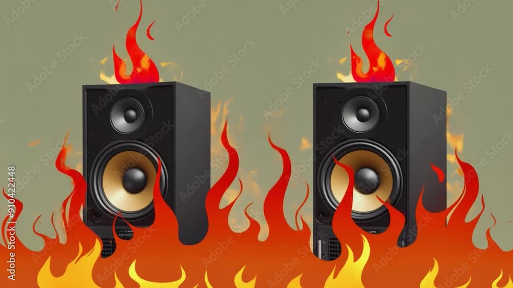 Poster two sleek speakers are depicted amidst vibrant flames, creating a striking contrast between technolo