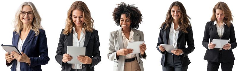 Pack of Smiling businesswoman with tablet set isolated on transparent