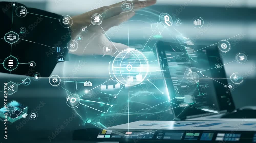 Aufkleber hand interacting with holographic interface on laptop background surrounded by digital technology an