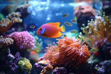 Obraz premium Underwater Delight: Vibrant tropical fish gliding through coral reef against a backdrop of serene blue waters in vertical video format. Explore the mesmerizing life beneath the ocean's surface.