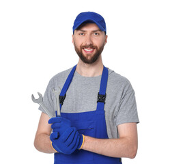 Professional auto mechanic with tools on white background