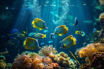 Naklejka premium Underwater Wonderland: Vibrant tropical fish in coral reef with blue water backdrop. Explore the beauty of ocean life.