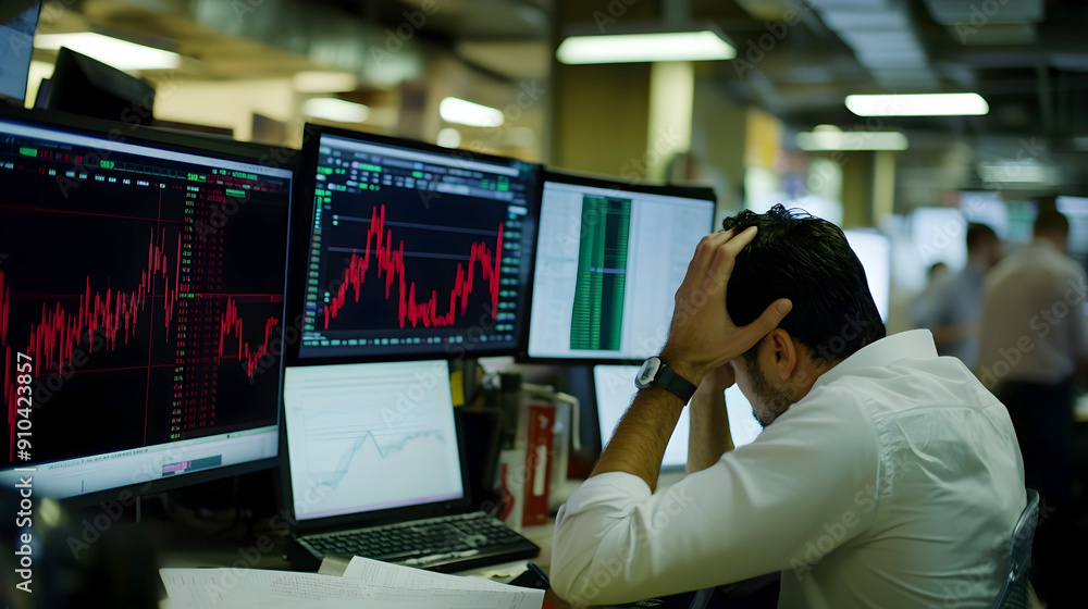 Poster stressed stock trader holding his head in front of multiple computer screens showing red graphs in a