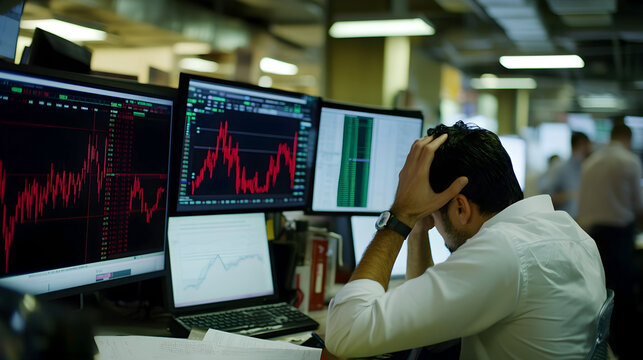 Stressed stock trader holding his head in front of multiple computer screens showing red graphs in an office