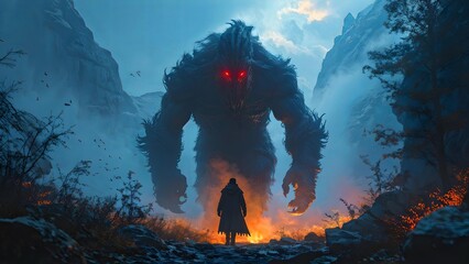 Mysterious hooded figure facing glowing-eyed giant in foggy mountain landscape, fantasy novel cover. Generative AI