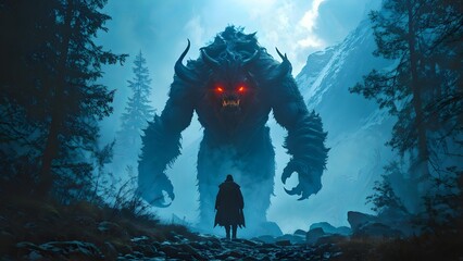 Hooded figure facing giant monster with glowing eyes in foggy forest, fantasy novel cover. Generative AI