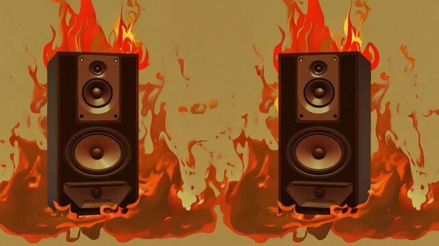 Two speakers engulfed in flames produce an electrifying vibe, embodying high energy and passion for music in an intense and lively setting.