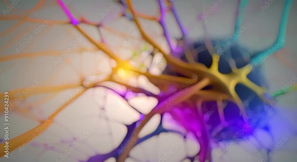 Poster colorful neuron network simulation with dynamic connections 4k animation