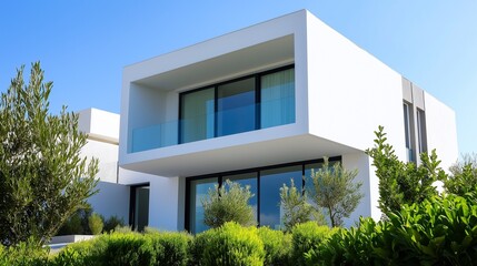 Modern Spanish home with minimalist white facade, glass balcony, and lush greenery under clear blue skies.