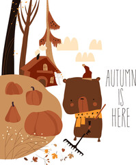 Cute cartoon bear pick leaves in the yard. Vector illustration