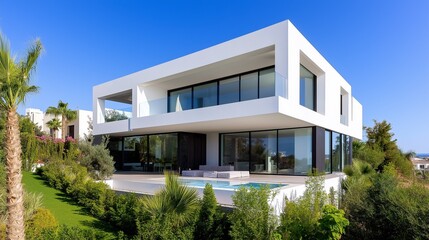 Stunning modern house in Spain featuring a large white plaster facade and expansive glass windows, surrounded by lush greenery.