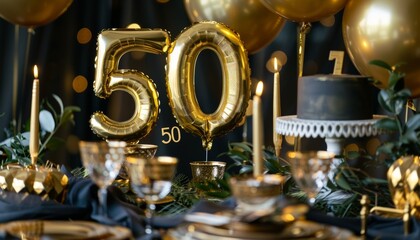 Elevate your anniversary festivities with a stunning gold foil balloon number "50," shimmering