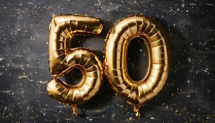 Elevate your anniversary festivities with a stunning gold foil balloon number "50," shimmering