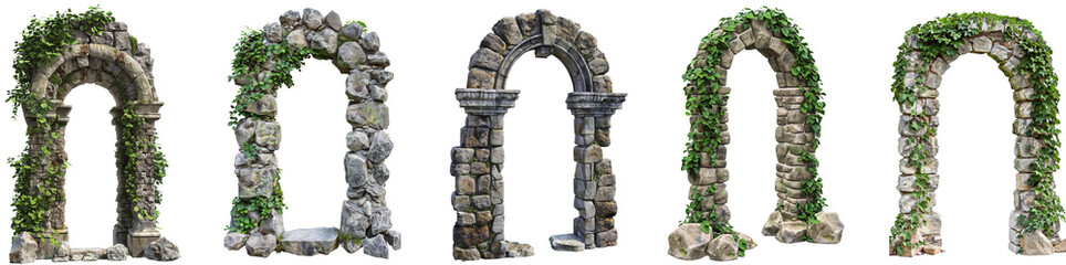 Pack of Stone Arch in Garden set Isolated on transparent Background