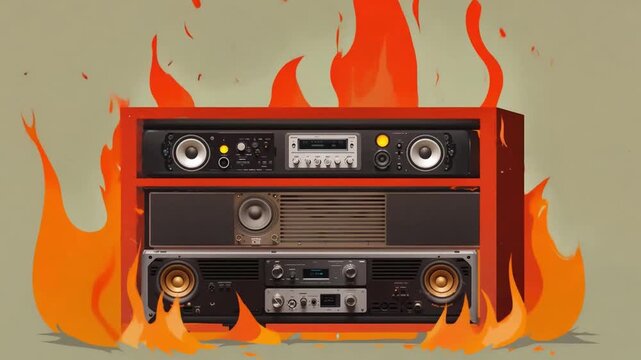 An old-fashioned stereo system sits amidst roaring flames, highlighting a dramatic contrast between fire and the classic technology.