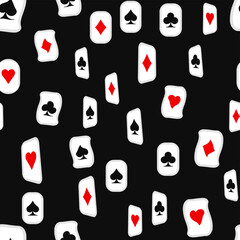 Red, black, golden suits of playing cards seamless pattern. Spades, crosses, diamonds and hearts. suits for playing cards
