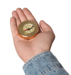 Man holding compass on white background, closeup