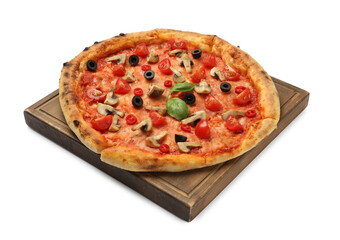 Delicious pizza with tomatoes, mushrooms, black olives and basil isolated on white