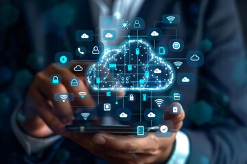 Fototapeta premium Utilizing Smartphone for Cloud Computing: Virtual Cloud Storage and Data Transfer Icon with Cloud Technology Networking and Internet Service Concept