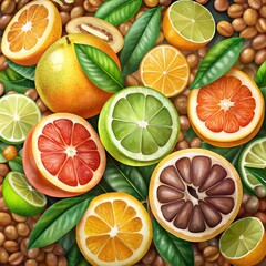 Fresh slices of orange lemon lime pomelo or grapefruit on a background of coffee beans. Top view. Coffee wallpaper with citrus frame