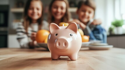 Family saving money with a piggy bank on a kitchen table