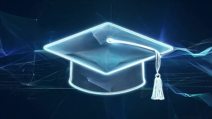 Digital illustration of graduation cap on dark blue background. Educational technology and academic achievement concept. Modern graphic design for banners and posters