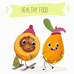 Cute loquat, medlar character with many expressions, fruit different activities, poses vector illustration flat design set.