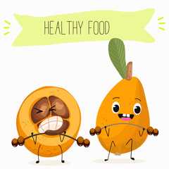 Cute loquat, medlar character with many expressions, fruit different activities, poses vector illustration flat design set.