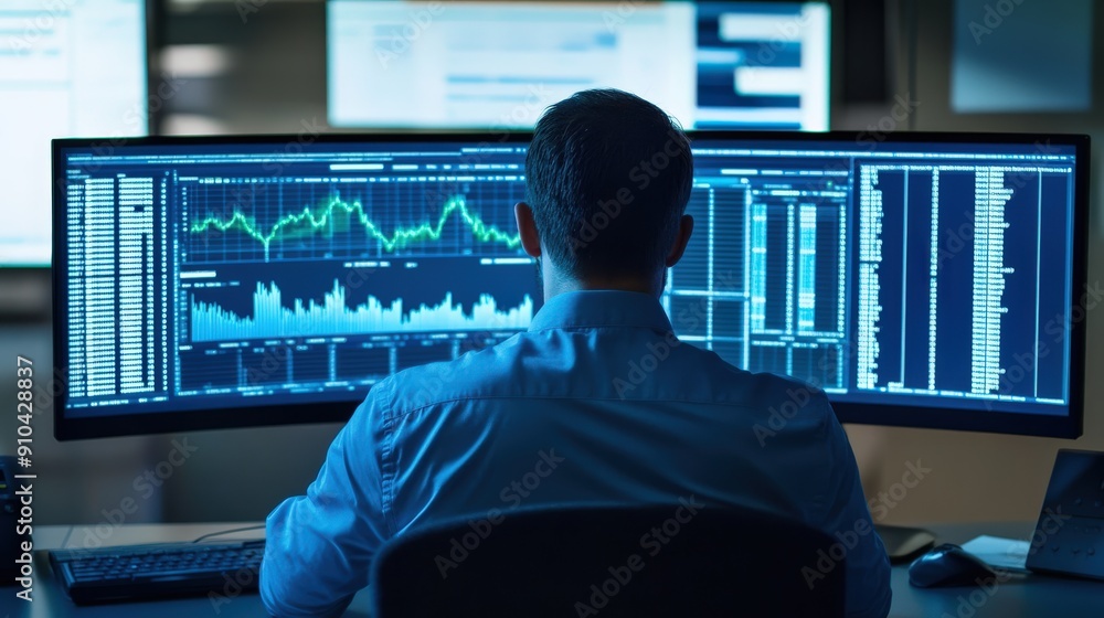 Poster financial analyst working with dual monitors showing complex data
