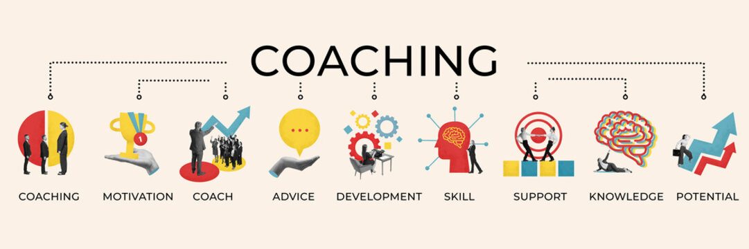 Contemporary art collage. Visual representation of coaching with elements each illustrated with engaging graphics.